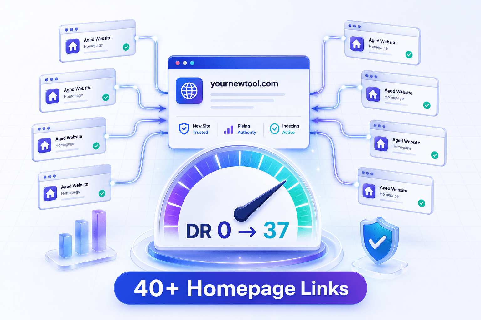 Illustration of 40+ aged homepage backlinks raising a new site from DR 0 to DR 37